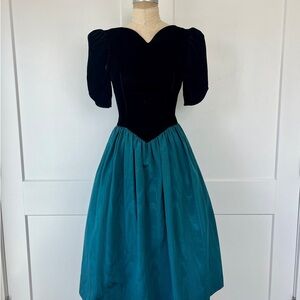 Gunne Sax Vintage Black and Teal dropwaist Dress